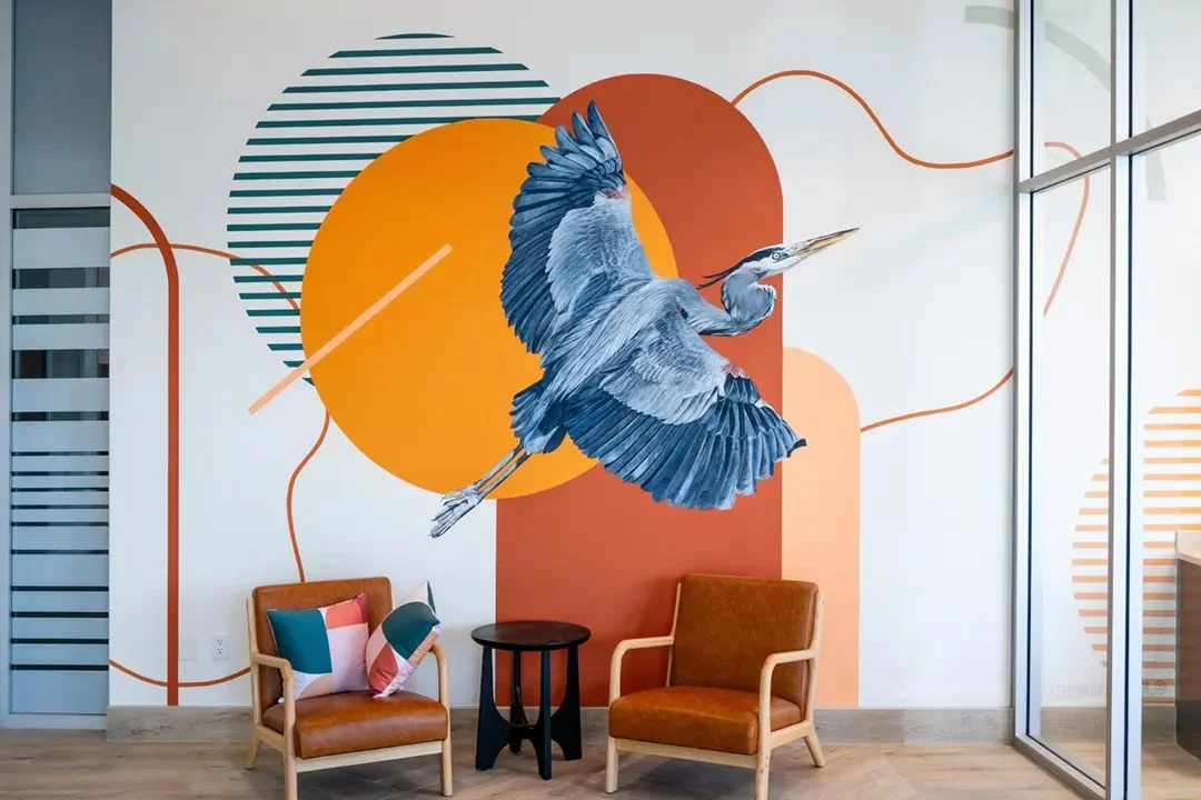 Heron mural with chairs