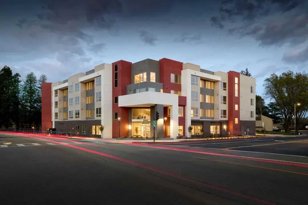 Aspen Wood Senior Living exterior at dusk, San Ramon, California