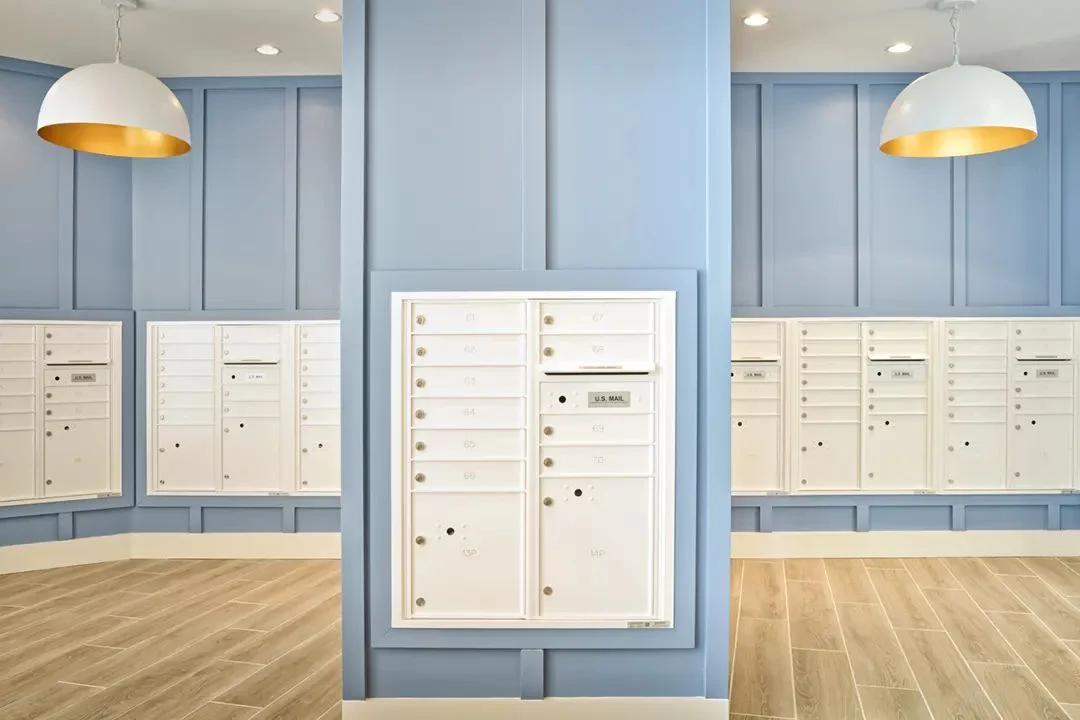 Aspen Wood Senior Living mail room with blue painted paneling