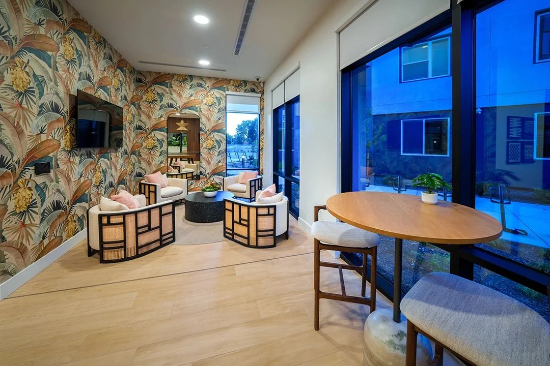 Axis at Davis lounge with bold wallcovering